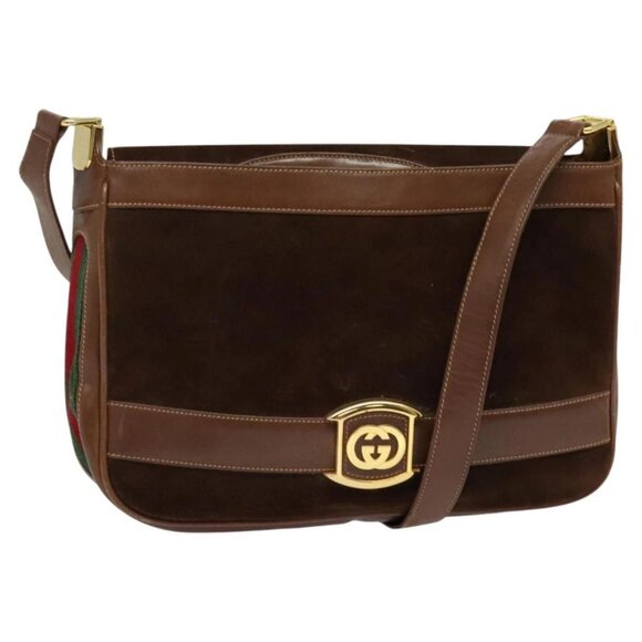 GUCCI Web Sherry Line Shoulder Bag Suede Brown Gold Auth BA2437 - Picture 1 of 16